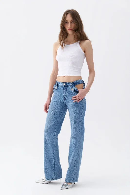 Sporty Elegance Cut-Out Detailed High Waist Jeans