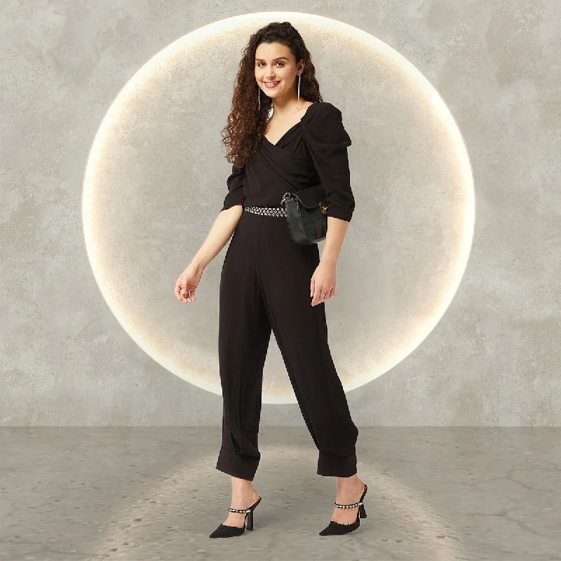 Classic Series Black Solid Ruffle Sleeves Stylish Jumpsuit