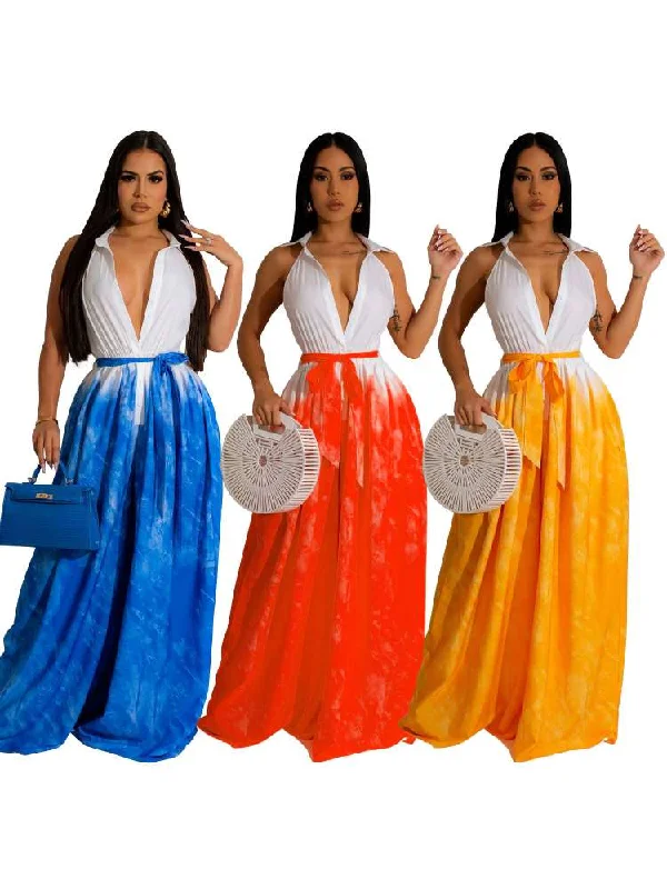 Classic Retro Colorblock Bandage Wide Leg Jumpsuits