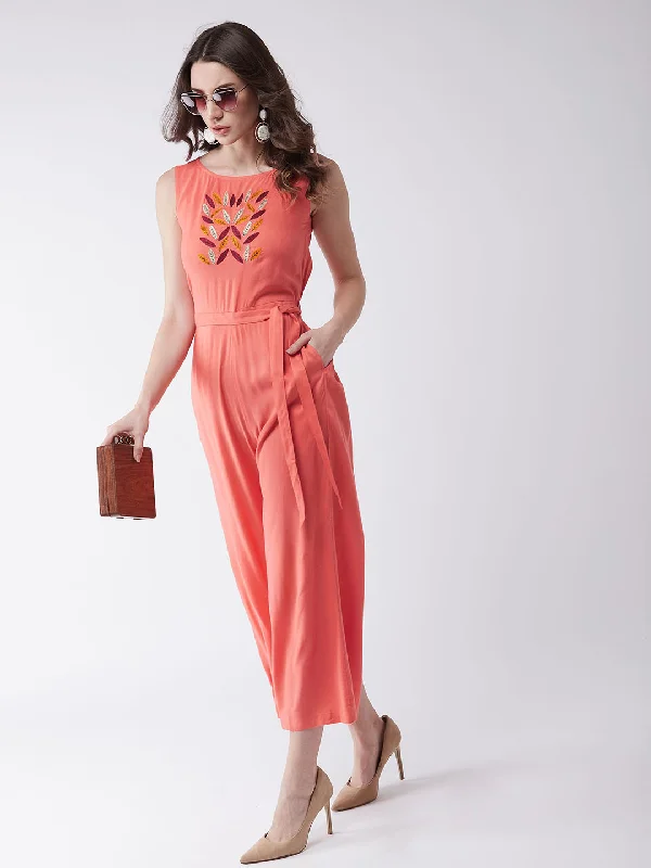 Easy Comfort Style Coral Embroidered Sleeveless Jumpsuit