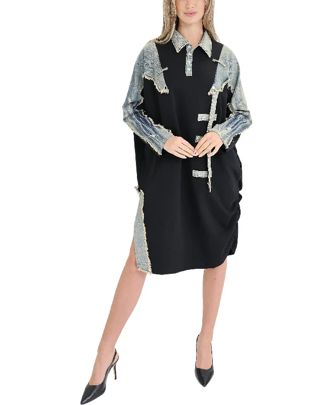 Cozy Street Style Distressed Denim & Fleece Dress