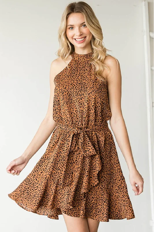 Thin Design First Love Full Size Leopard Belted Sleeveless Dress