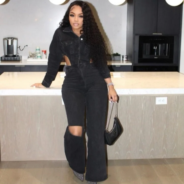 Moisture wicking Hollow Out Collar Buckle Denim Jumpsuit