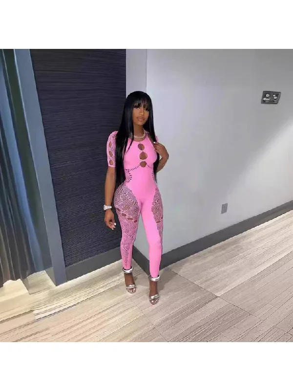 Elegant Design Hollow-out Lace Short Sleeve Bodycon Jumpsuits