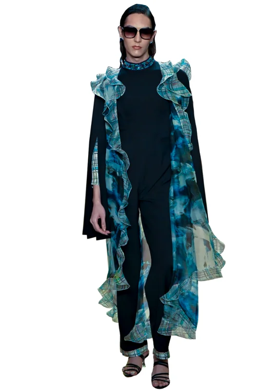 Fresh And Fashionable Jumpsuit in black and organza cape with inbuilt sleeves