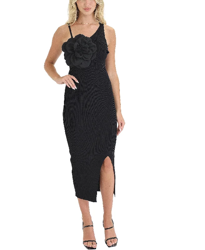 Effortless Style Knit Ribbed Midi Dress w/ Flower