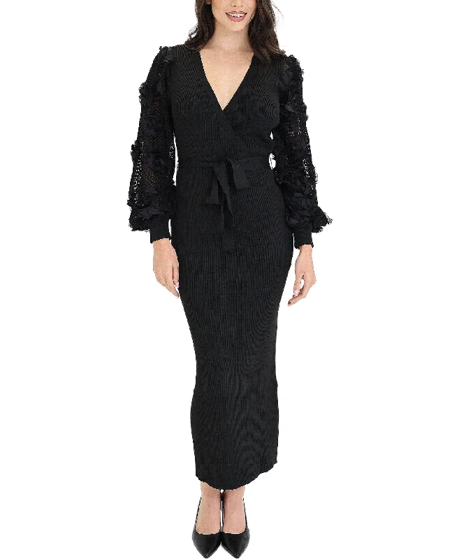 Single-shoulder Neck Design Knit Ribbed Surplice Dress w/ Rosettes