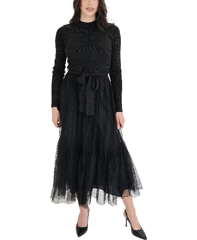 Beautiful Romance Knit Ribbed Tulle Midi Dress