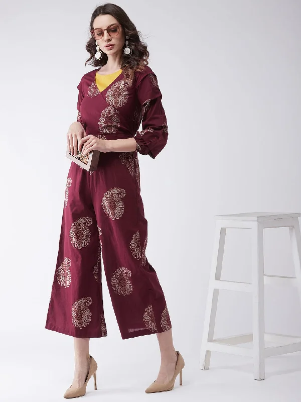 Breathable Comfort Maroon Foil Printed Jumpsuit