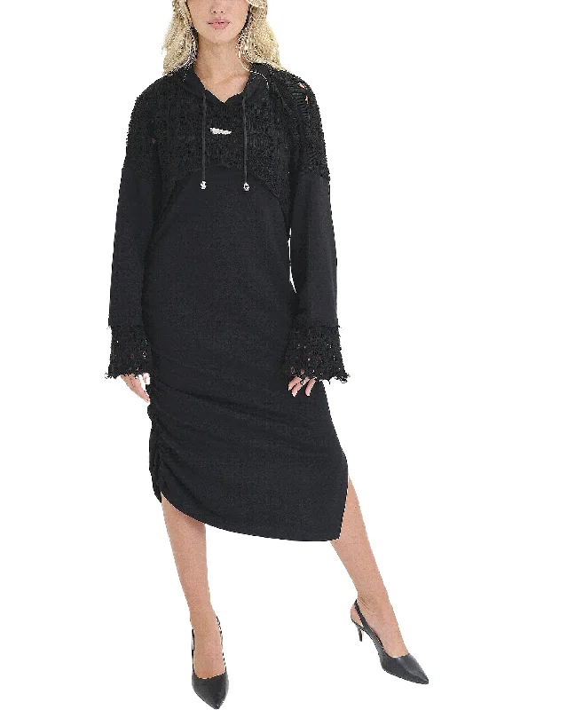 Classic Style Midi Dress w/ Distressed Detail & Hood
