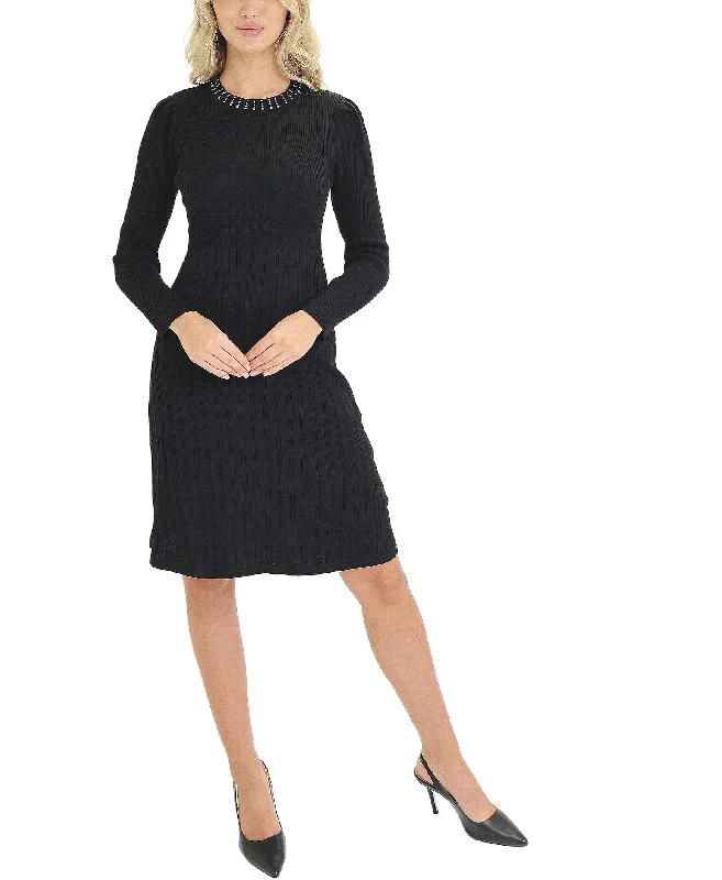 Fashion Design Midi Dress w/ Rhinestone Neck