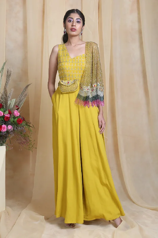 Soft Fabrics Yellow Half Cape Jumpsuit
