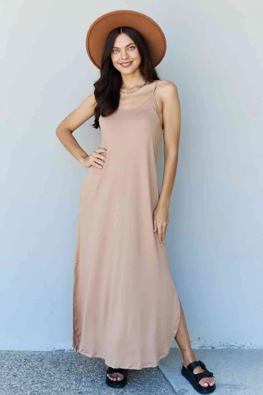 Exquisite Tailoring Ninexis Good Energy Full Size Cami Side Slit Maxi Dress in Camel