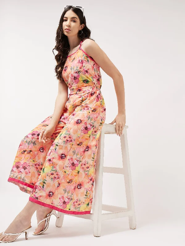 Cozy Sweaters Painted Floral Look Digital Printed Sleeveless Jumpsuit
