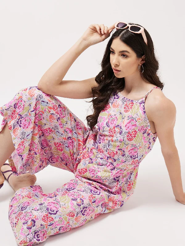 Elegant Design Painted Floral Look Digital Printed Strappy  Multicolor Jumpsuit