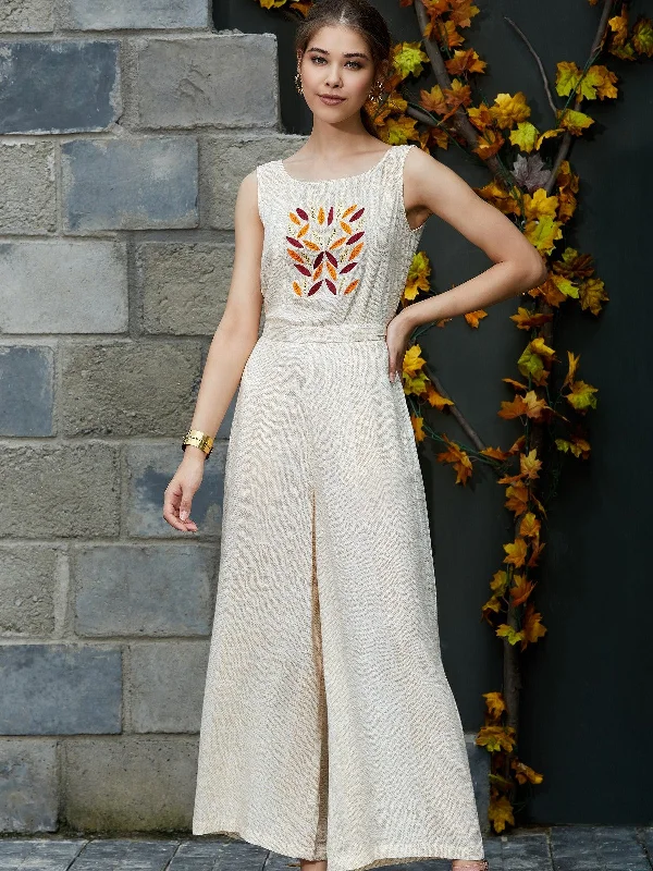 French Retro Allover Printed Jumpsuit With Embroidery