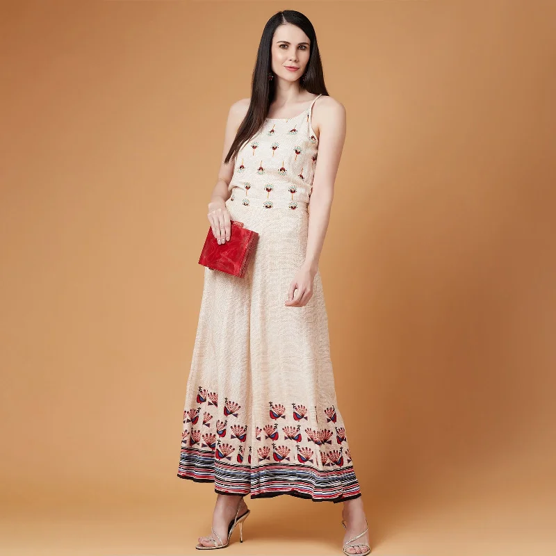 Slim Fit Peacock Placement Printed Flared Jumpsuit