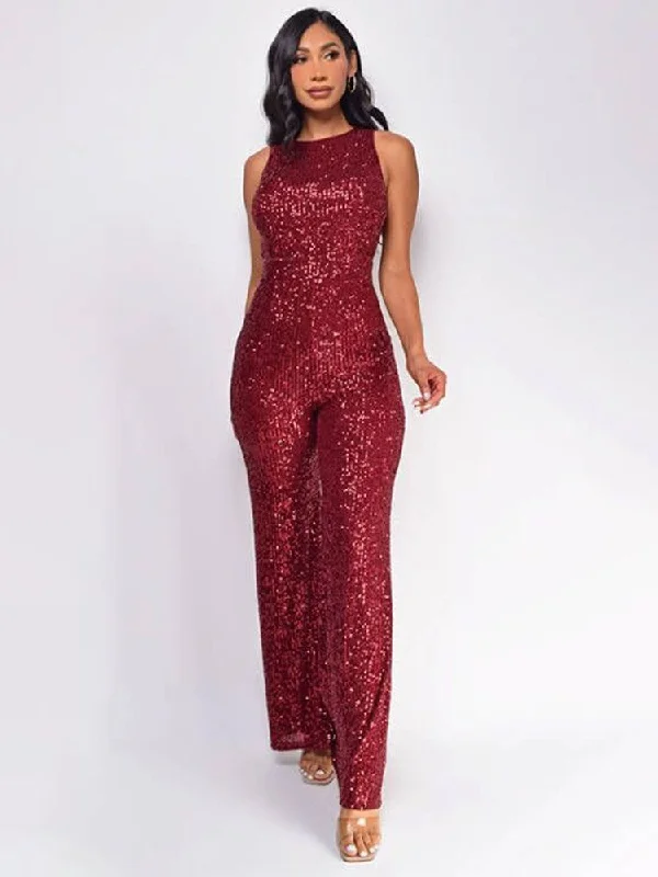 Cozy Essentials Patchwork Sequin Sleeveless Wide Leg Jumpsuits