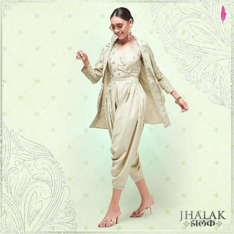 Elegant Design Pista Festive Foil Printed Jumpsuit With Stylish Jacket