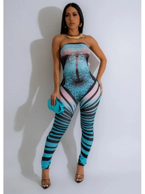 Comfortable Mind Print Bodycon Strapless Jumpsuits