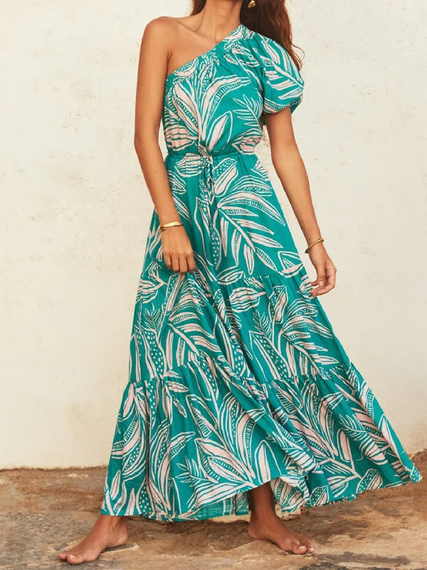 Street Fashion Printed One Shoulder Puff Sleeve Dress