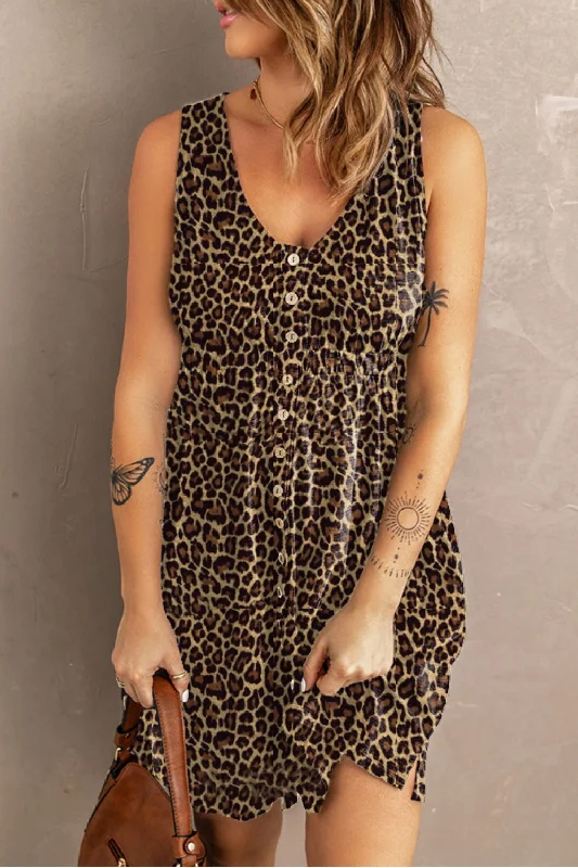 Comfortable Tops Printed Scoop Neck Sleeveless Buttoned Magic Dress with Pockets