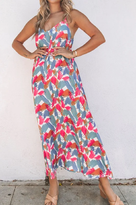 Noble Temperament Printed V-Neck Spaghetti Strap Dress