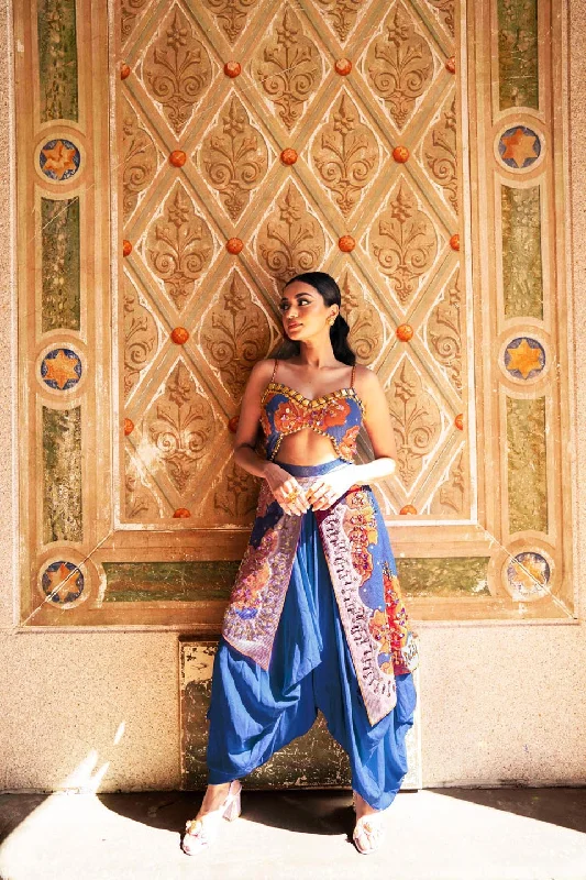 Exquisite Tailoring Flambe- Blue Dhoti Jumpsuit With Orange Printed Flowers