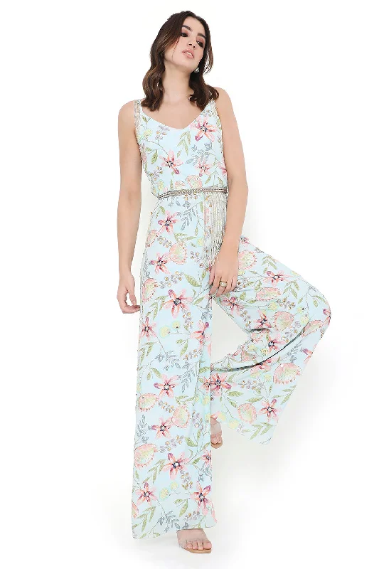 High Street Fashion Lavender Dream Print Embroidered Jumpsuit With Embroidered Leather Belt