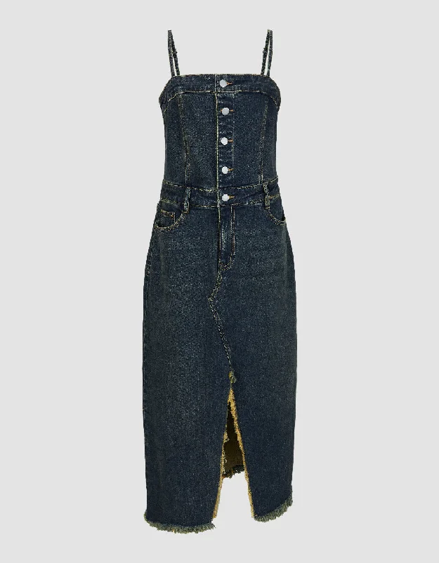 Stylish Blazers Raw Hem Off-Shoulder Denim Cami Dress