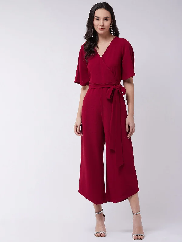 Personalized Wear Red Solid Overlap Jumpsuit