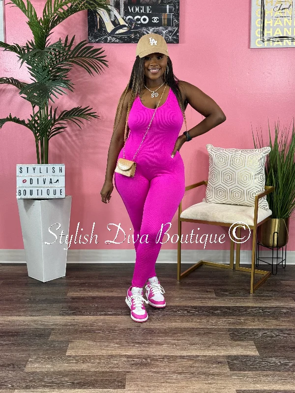 Cozy Chic Ribbed Seamless Jumpsuit (Hot Pink)