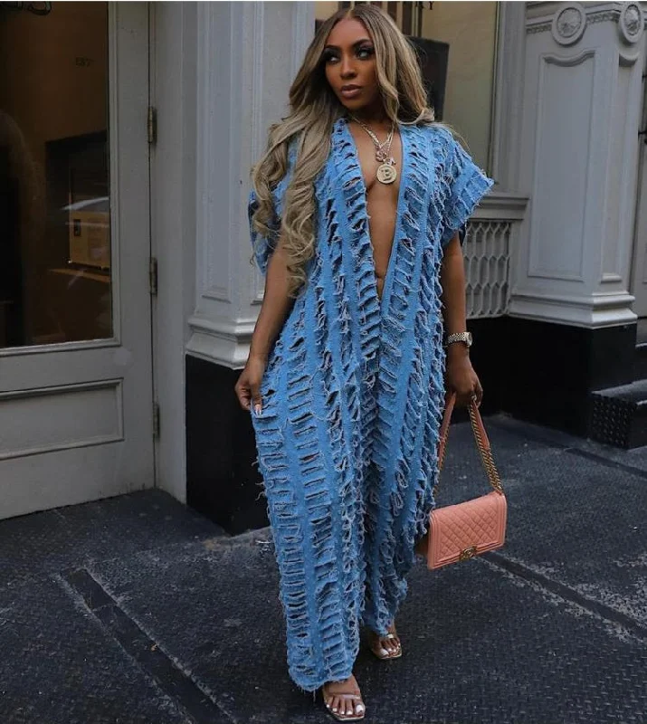 Bottom And Versatile Ripped Deep V Neck Wide Leg Denim Jumpsuits