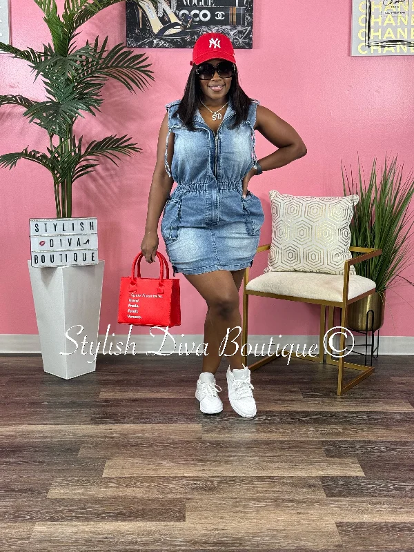 Breathable Style She's Got It Denim Sleeveless Jumpsuit Cargo Skirt (Medium Wash)