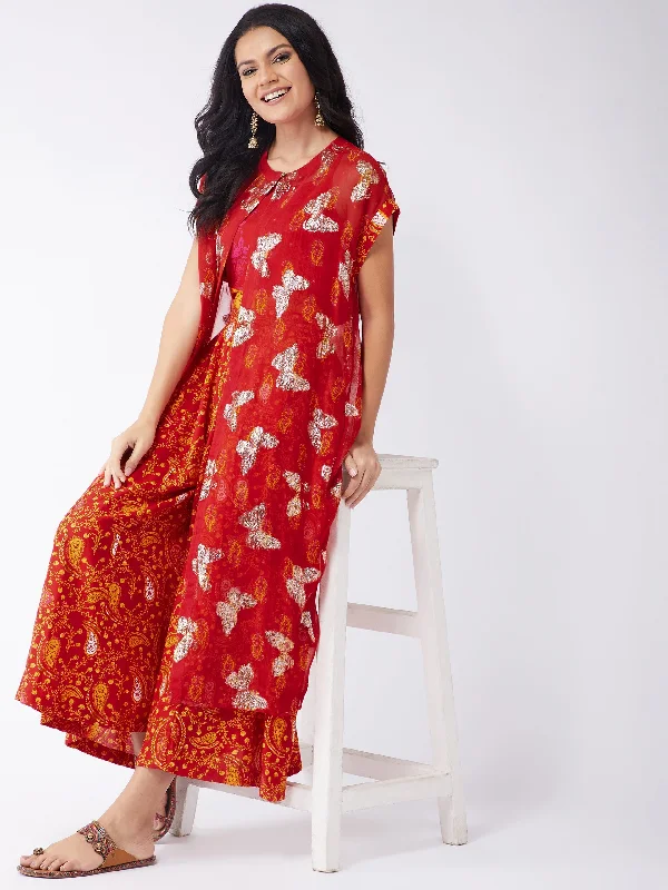 Comfortable Sweaters Sindoor Digital Printed Jumpsuit With Embellished Lurex Shrug