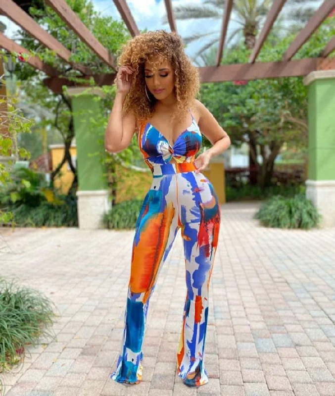 Urban Style Trendy Printed Spaghetti Strap Low Cut Flare Jumpsuits
