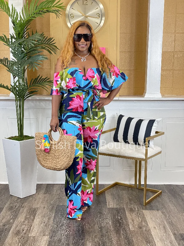 Trendy Traveler Tropical Desire Jumpsuit (Blue/Pink Multi)