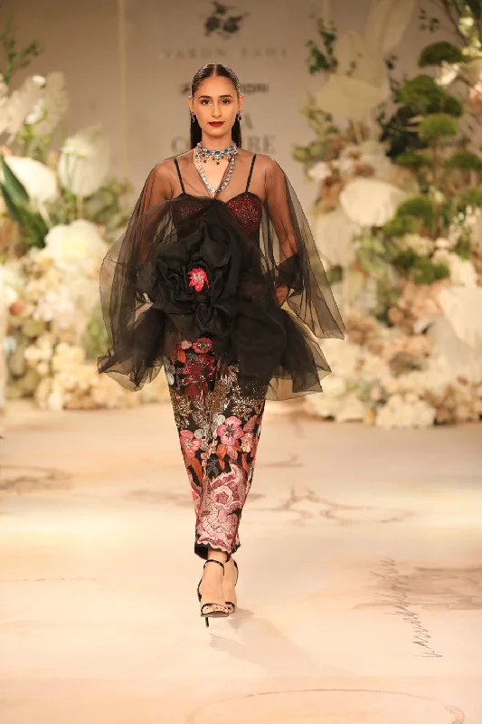 Classic Retro Black Embroidered Jumpsuit With A Cape