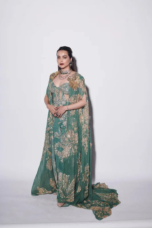 Autumn Selection Jade Green Embellished Cape With Cutout Jumpsuit