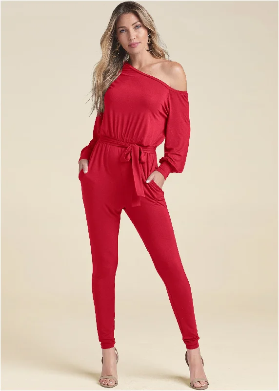 Cozy Basics Off-Shoulder Jumpsuit - Red