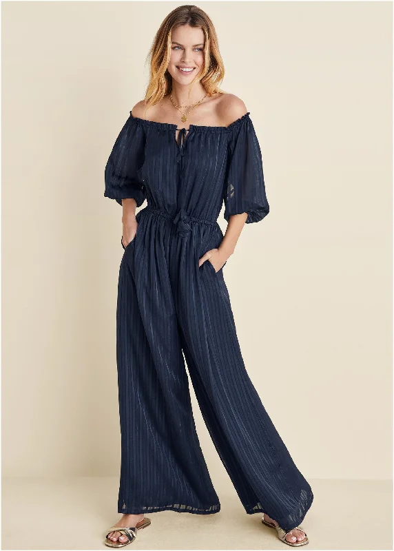Wool Sweaters Off-The-Shoulder Jumpsuit - Navy