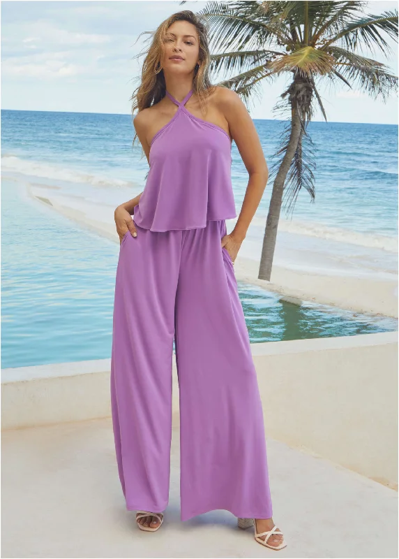 Office Attire Cross Neck Jumpsuit - Purple