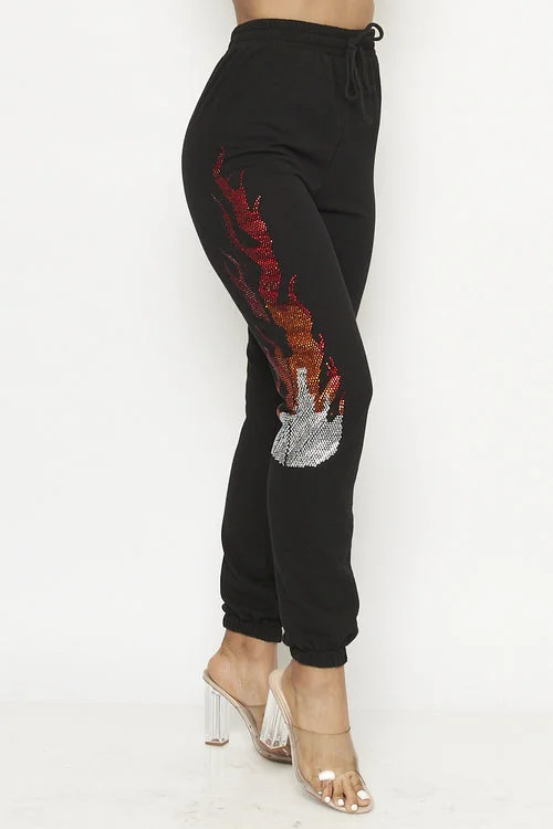 Chic Outfits Rhinestone Flames Detail Elastic Waist Jogger Pants (51P21236)Y