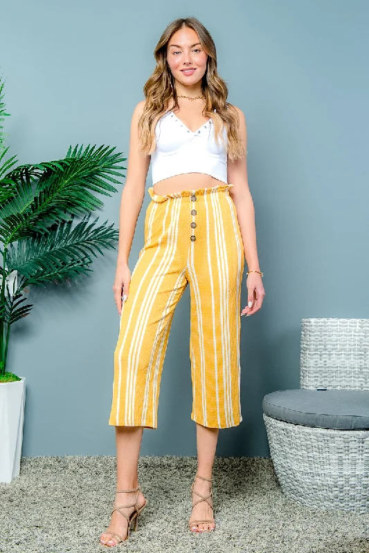 Personal Design White Striped Cropped Pants with Ruffle Waistband and 4 Button Decor at Center Front in Mustard (6472PY) Personal Design White Striped Cropped Pants with Ruffle Waistband and 4 Button Decor at Center Front in Mustard (6472PY)