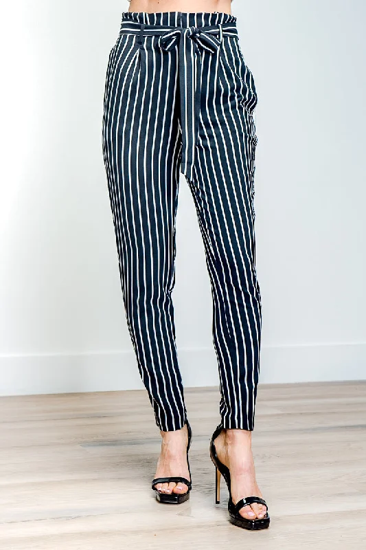 Comfortable Fashion Looks Striped Dressy Pants With Belt And Side Pockets (910640-CH604)