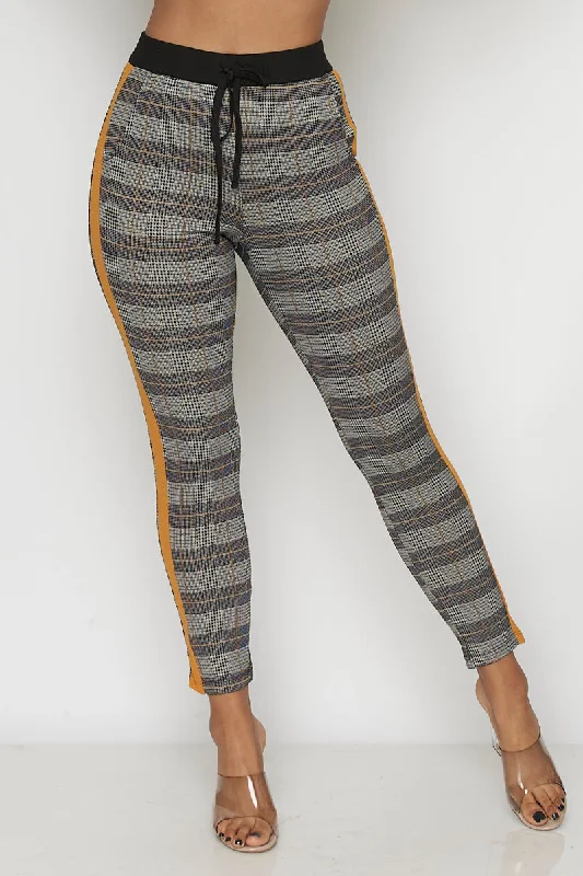 Modernism Plaid Pants Elastic on Waist W- Solid Line On The Sides (93816)