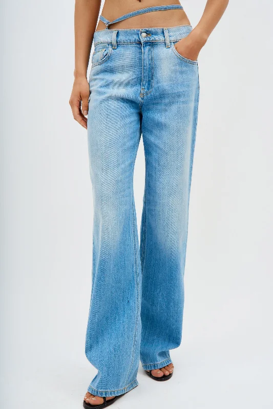 Cute Style Boyfriend Jeans With Hip Straps Blue