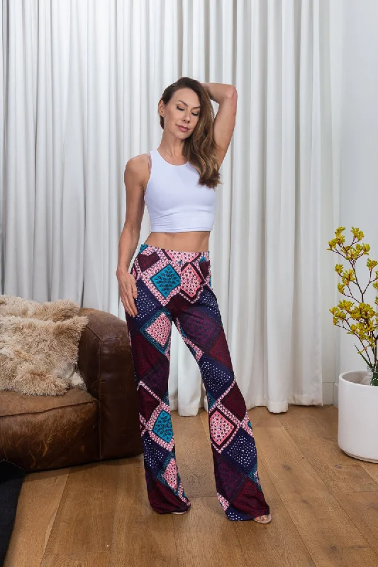 Feminine Charm Multi Color Geo Print High Waist Flare Leg Palazzo Pants in Indigo & Pink* (155709) Feminine Charm Multi Color Geo Print High Waist Flare Leg Palazzo Pants in Indigo & Pink* (155709)
