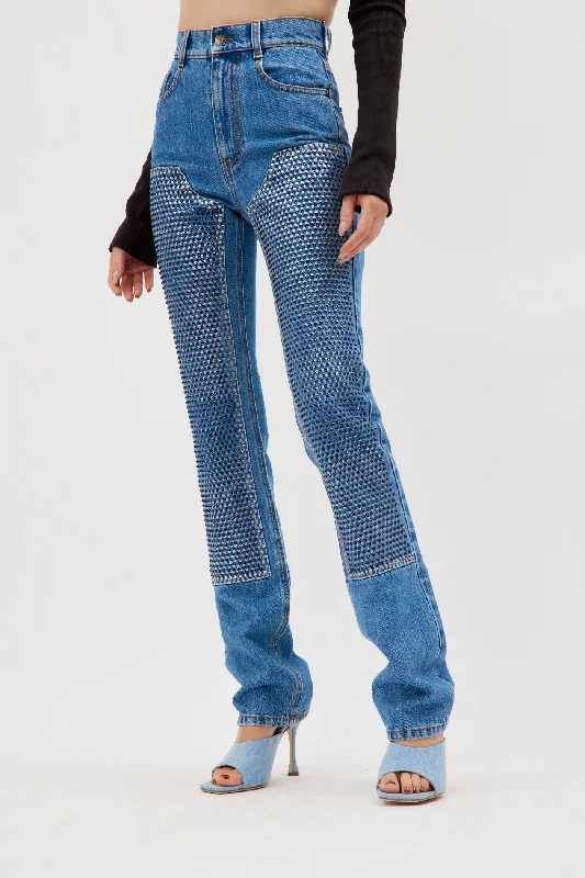 Easy Comfort Style Crystal Embellished Straight Leg Medium Indigo Jean