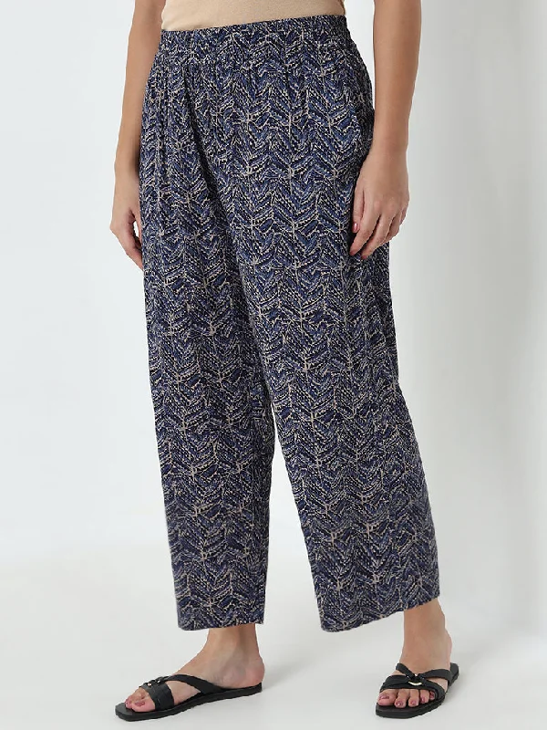 Sporty Looks Diza Indigo Leaf Printed High-Rise Palazzos